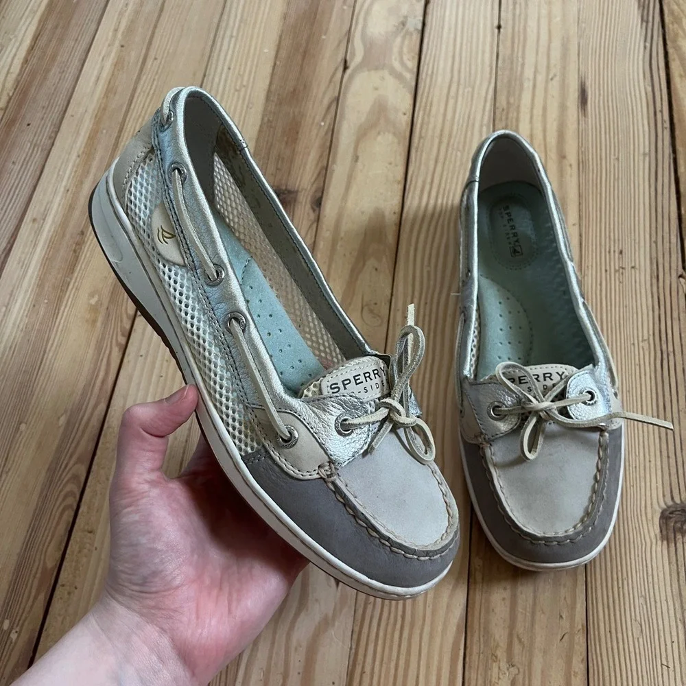 Sperry Top-Sider Womens 8M Silver Tan Mesh Boat Shoes Metallic Loafers 9102765